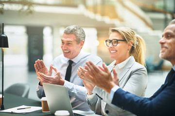 Wall Mural - Smiling group of mature businesspeople clapping during an office