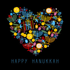 Wall Mural - Happy Hanukkah heart card template design. Festive party decoration. Hanukkah greeting card with flower, birds, wooden dreidels, donuts, chocolate coins, candles and menorah. Jewish holiday background