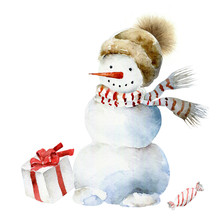 Watercolor Snowman In Scarf And Hat. Christmas Watercolor Illustration