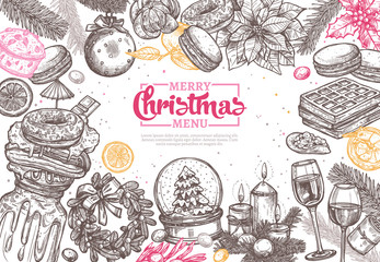 Merry Christmas happy holiday sketch background for dinner menu in restaurant and cafe. Horizontal festive vector illustration with hand drawn and engraving fir, wreath, beverages and desserts