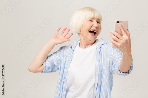 It S Selfie Time Image Of Cheerful Mature Old Woman Standing