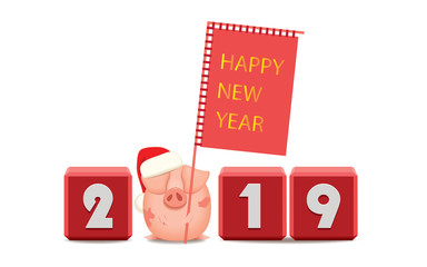 Wall Mural - Little fat pig with textual banner and cubes with numbers creates year 2019,Happy New Year concept