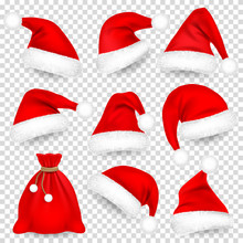 Christmas Santa Claus Hats With Fur Set, Bag, Sack. Xmas, New Year Red Hat With Shadow. Winter Cap. Vector Illustration.