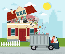 The Concept Of Excessive Consumerism. House Bursting Of Stuff. Throwing Away Things From House. Junk Removal. Vector Illustration.