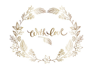 Vector elegant gold floral design templates. Wedding elegant ornament. Gold lettering in ornate floral frame