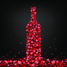 A Wine Bottle Made Of Pink And Red Hearts On Black Background - Flat Vector Illustration