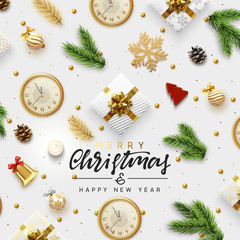Wall Mural - Christmas greeting card. Background Xmas objects viewed from above. Text Merry Christmas and Happy New Year. Vector illustration. flat lay