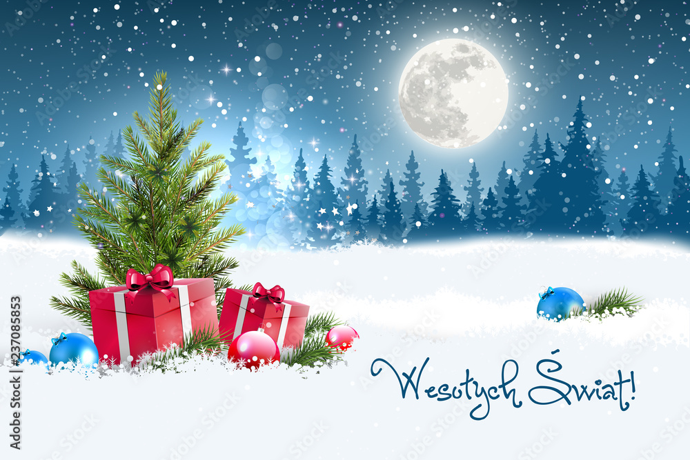 Koncepcja kartki świątecznej z napisem Wesołych Świąt po polsku. Zimowa nocna sceneria z księżycem w tle, w śniegu leżące koło choinki prezenty oraz porozrzucane bombki. Na niebie widać padający śnieg - obrazy, fototapety, plakaty 
