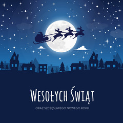 Wall Mural - świąteczna kartka z napisem wesołych świąt po polsku. w tle miasteczko w nocnej, zimowej scenerii, n