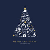 Fototapeta Pomosty - Greeting card concept with the words Merry Christmas. Abstract Christmas tree shape arranged with festive symbols