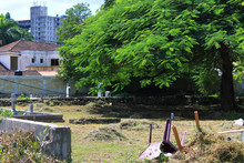 Cemetery On The Side Of The Road Known As The Hip Strip,  Montego Bay, Jamaica. Surrounding Buildings, Trees. Cemetery Appears To Be In The Process Of Being Cleaned Up.