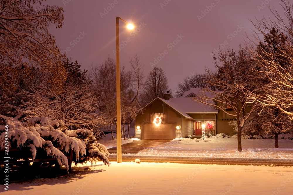 Beautiful snowy winter night at countryside background.Street view with covered by fresh snow trees, lantern, road and decorated for Christmas house in a background.Winter holidays outdoor decoration.