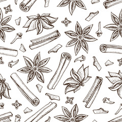 Cinnamon sticks, anise star and cloves seamless pattern. Seasonal food vector illustration isolated on white background. Hand drawn sketch of spice and flavor. Cooking and mulled wine ingredient