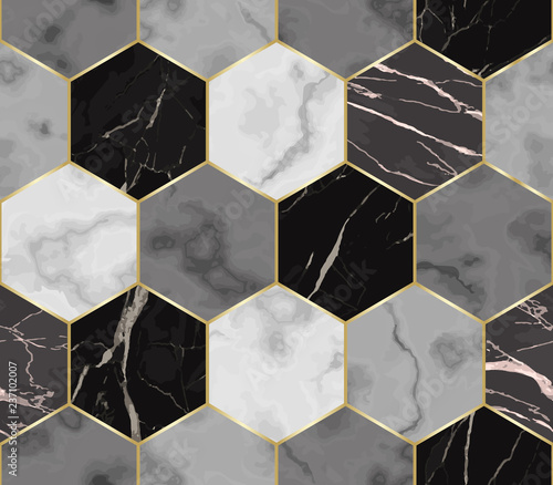 Obraz w ramie Marble Luxury Chaotic from Hexagons Seamless Pattern