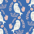 seamless vector repeat pattern with adorable swimming seals in a wreath of coral in pink on a blue background