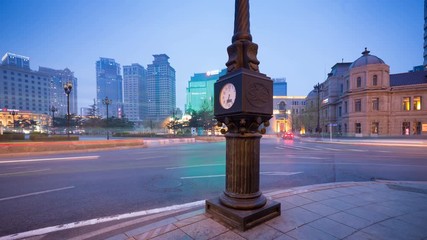 Sticker - Urban traffic in Dalian, China, car light trails on the evening road, time lapse