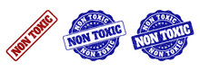 NON TOXIC Grunge Stamp Seals In Red And Blue Colors. Vector NON TOXIC Signs With Grunge Texture. Graphic Elements Are Rounded Rectangles, Rosettes, Circles And Text Labels.