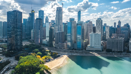 Fototapete - Chicago skyline aerial drone view from above, lake Michigan and city of Chicago downtown skyscrapers cityscape, Illinois, USA
