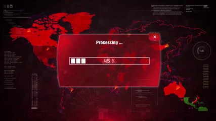 Password Cracked Alert Warning Message Attack on Screen. Wire Frame World map Radar Network Glitch Distortion. Login, Password and Progress Bar Futuristic UI Elements HUD Sci Fi Interface.