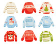 Christmas sweaters set, warm knitted jumper with cute ornaments vector Illustration on a white background