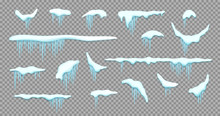 Set Of Isolated Snow Cap. Vector Template With Snowy Elements For Your Design. Realistic Snowdrifts And Icicles.