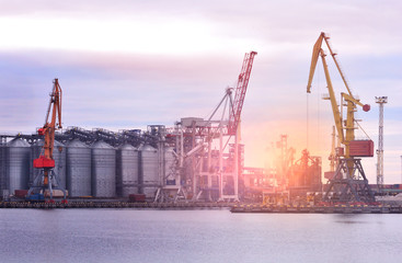 Seaport with cranes landscape during the dawn