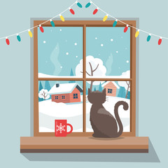 Wall Mural - Christmas window with winter landscape, cat sitting on the window sill. Merry christmas greeting card template.