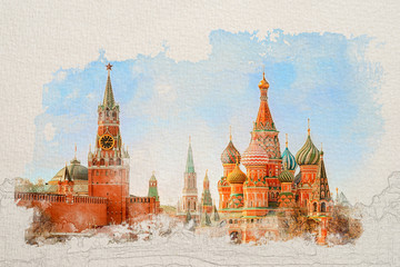 Fototapete - Stylized by watercolor sketch painting of Moscow Kremlin and St Basil's Cathedral on the Red Square in Moscow, Russia on a textured paper. Retro style postcard.