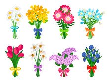 Fresh Flowers Bouquets. Summer Bouquet Set Isolated, Woman Flowers Gift, Tulips And Daisies, Lilacs And Daffodils Spring Bunches Vector Illustration