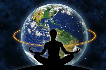 Wall Mural - female yoga figure against a space background and a planet earth. elements of this image furnished b