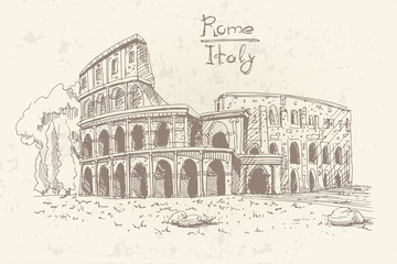 Fototapete - Vector sketch of The Coliseum or Flavian Amphitheatre, Rome, Italy.