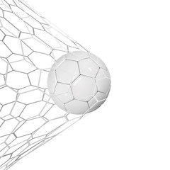 Wall Mural - Soccer or Football 3d Ball isolated on white background. Football game match goal moment with realistic ball in the net and place for text