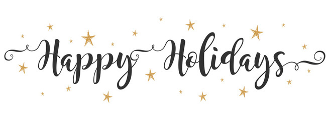 Wall Mural - Happy Holidays vector brush calligraphy banner with stars snowflakes golden and black colors