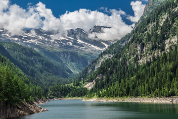  Campiccioli Dam, surrounded by mountains, in the Antrona Valley, Piedmont, Italy.