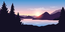 Big River And Forest Nature Landscape At Sunrise In Purple Colors Vector Ilustration EPS10