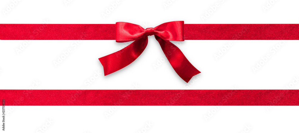 Red ribbon band stripe or satin fabric bow isolated on white background with clipping path for banner design, greeting card and Christmas gift decoration - obrazy, fototapety, plakaty 
