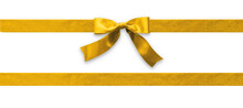 Gold Bow Ribbon Band Satin Golden Stripe Fabric (isolated On White Background With Clipping Path) For Christmas Holiday Gift Box, Greeting Card Banner, Present Wrap Design Decoration Ornament