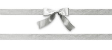 Silver Bow Ribbon Band Satin Grey Stripe Fabric (isolated On White Background With Clipping Path) For Christmas Holiday Gift Box, Greeting Card Banner, Present Wrap Design Decoration Ornament