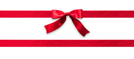 red ribbon band stripe or satin fabric bow isolated on white background with clipping path for banne
