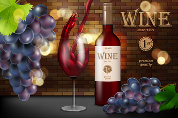 Red wine ad, glass bottle with grape on brick background, retro style design. Transparent wine glass with splash for restaurant menu. 3d vector illustration.