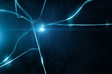 Conceptual shiny blue colored neuron cell in the brain on black cyber space illustration background.