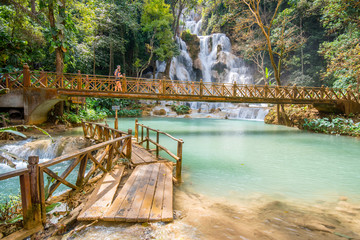 Pool and waterfall in the Tat Kuang Si waterfall system near Luang Prabang in Laos, Indochina, Asia.