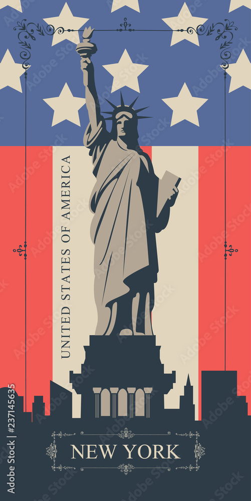 Vector banner or postcard with the famous Statue of Liberty in new York ...