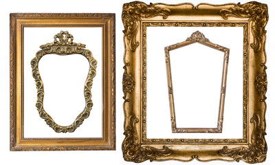 Super set of gorgeous vintage gold frames for paintings and mirrors. Retro style. Isolated on white