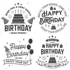 Wall Mural - Set of Happy Birthday templates for badge, sticker, card with bunch of balloons, gifts, serpentine, hat and birthday cake with candles. Vector. Vintage design for birthday celebration