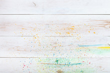 White Wooden Background With Paint Splashes, Creative Wood Blank Empty Table Desk Plank Board. Watercolor Artist Backdrop, Art Store Shop, Painting Learning School, Top View From Above, Copy Space