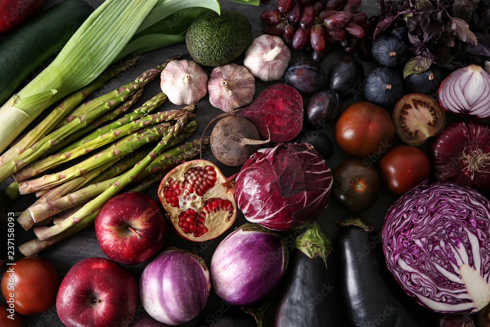 Various fresh vegetables with fruits on table