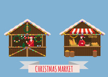 Christmas Market Stalls, Canopy Seller With With New Year Decorations, Gifts. Xmas Bakery, Bread Shops With Bagel, Ciabatta, Baguette And Wreath, Balls, Ate, Decoration. Christmas Fair Wooden Kiosks