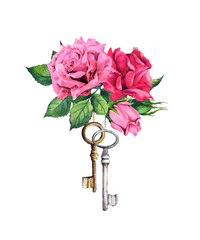 Red, pink roses with two keys. Watercolor illustration