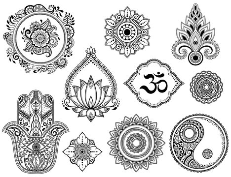Big set of Mehndi flower pattern, lotus, mandala, mantra OM, Yin-yang symbol and Hamsa for Henna drawing and tattoo. Decoration in ethnic oriental, Indian style.
